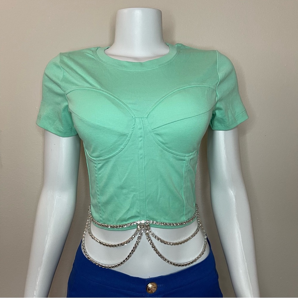 Green mint cropped shirt short sleeve padded cups and rhinestones decor